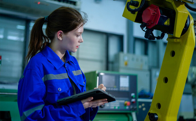 CMMS IOT integration maintenance management woman technician inspecting equipment