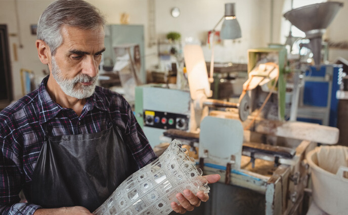 CMMS green energy factory worker examining glassware