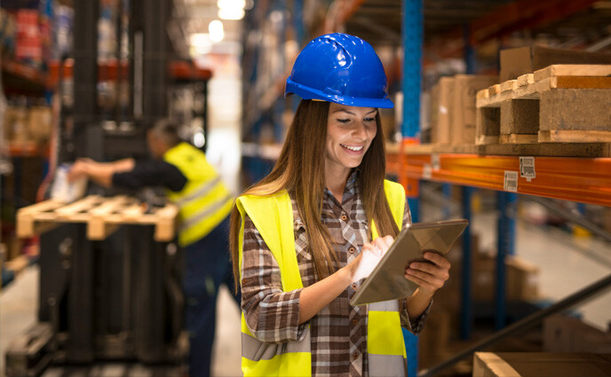 CMMS parts inventory feature female warehouse worker holding tablet