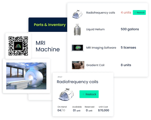 CMMS parts and inventory interface for tracking stock levels and spare parts