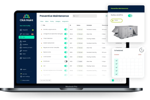 CMMS preventive maintenance interface for scheduling and tracking recurring maintenance tasks