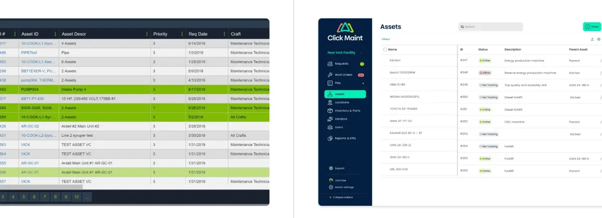side by side comparison of llumin asset management interface and click maint asset management interface LLumin CMMS Alternatives