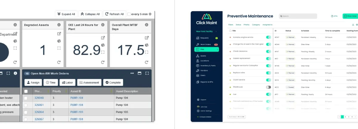 side by side comparison of llumin preventive maintenance interface and click maint preventive maintenance interface LLumin CMMS Alternatives