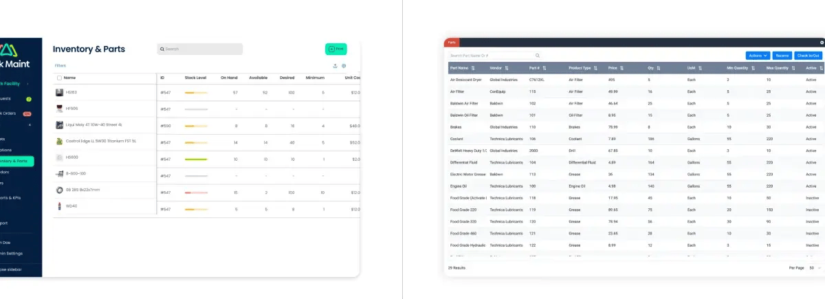 redlist cmms alternatives side by side comparison of click maint inventory maintenance interface and redlist inventory maintenance interface
