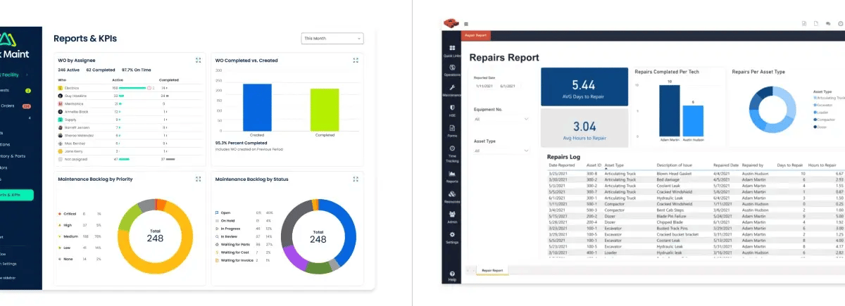 side by side comparison of click maint reports and kpi interface and redlist reporting interface redlist cmms alternative