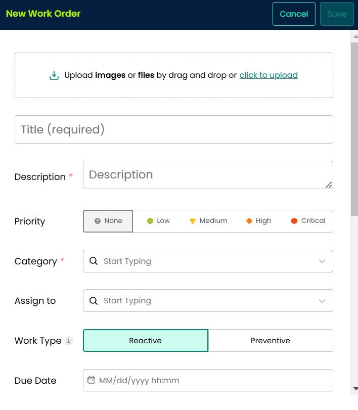 preventive maintenance work order enter required and optional information