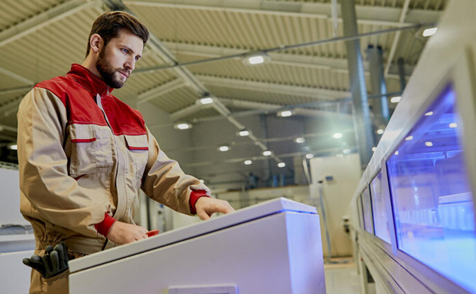agile maintenance factory worker checking automated woodworking machine production