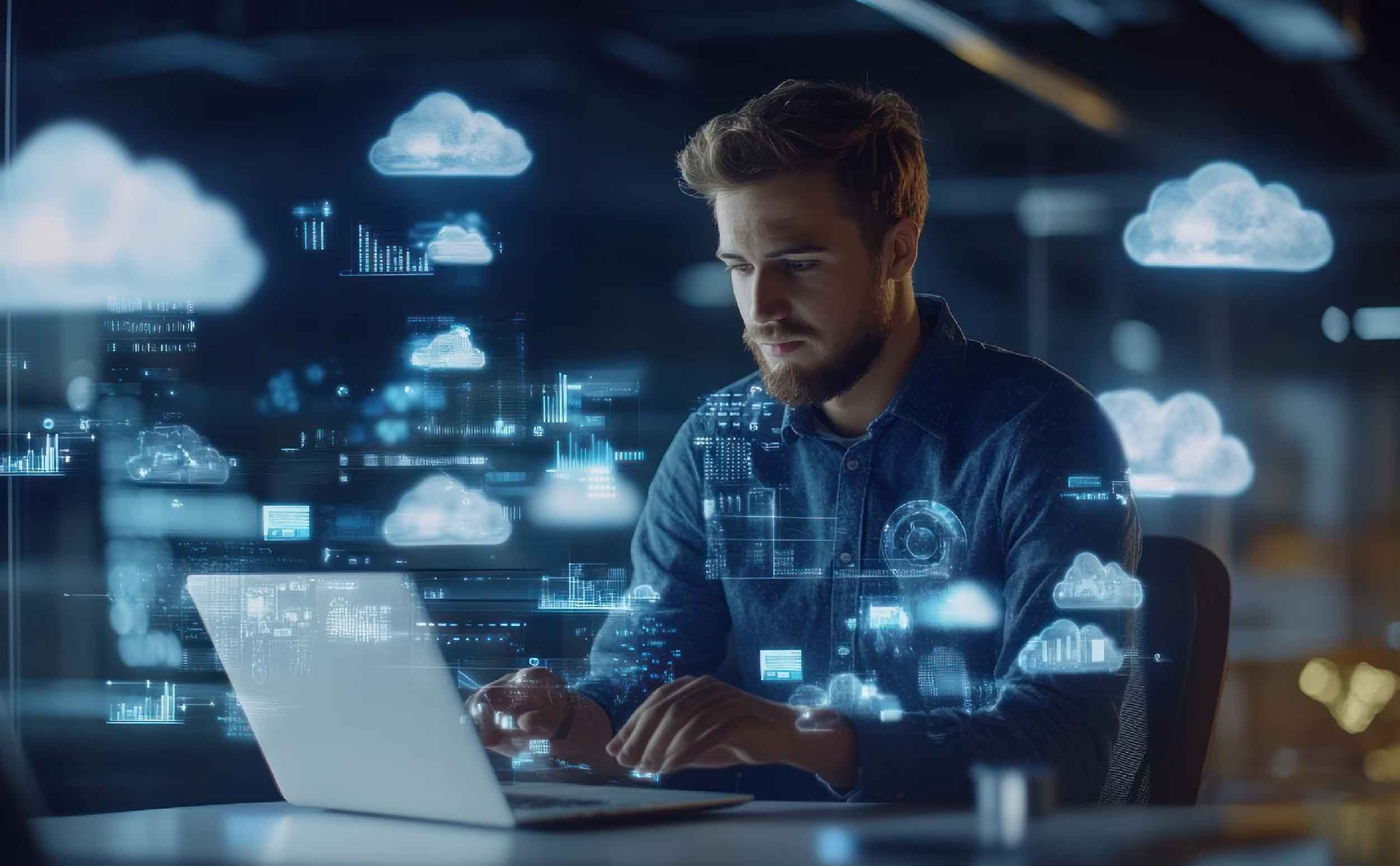 cloud based cmms man using laptop with digital cloud data visualizations around him