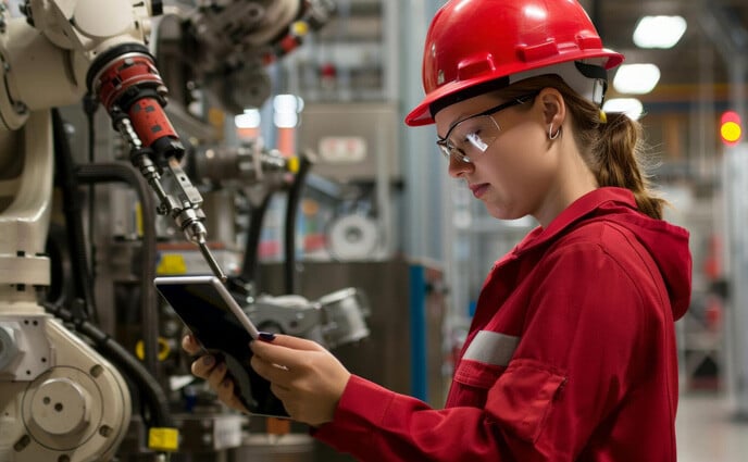 cmms automated data collection female technician in factory with tab infront of machine