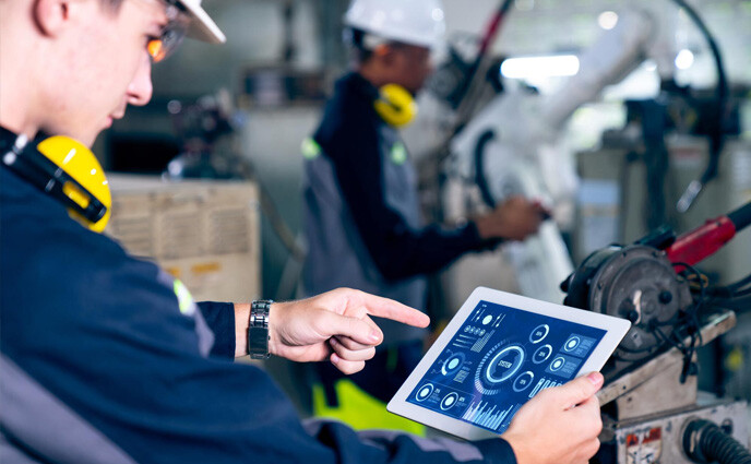 cmms feature asset registry technician with tablet