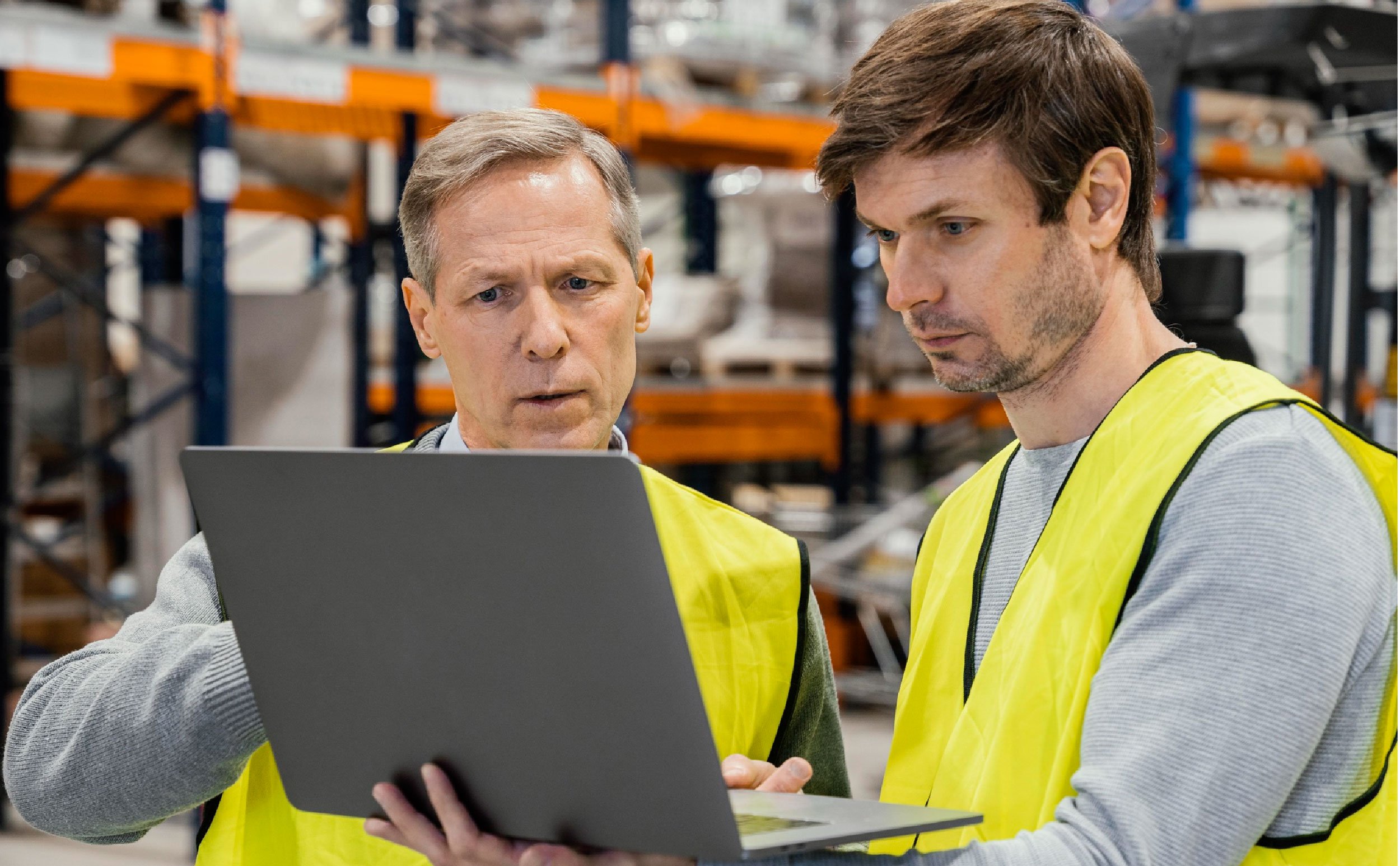 cmms first 100 days men warehouse working laptop