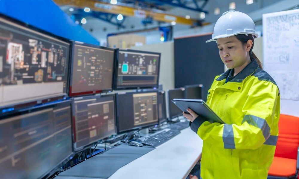 cmms maintenance roles inside large industry factory female computer engineer works personal computer