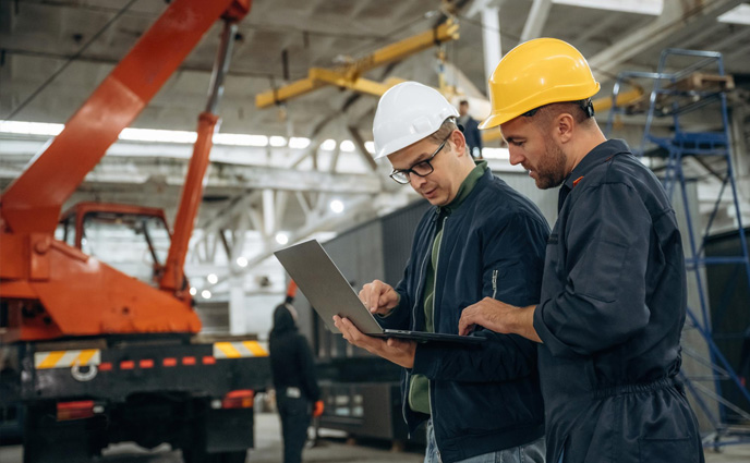 cmms software features two male factory workers at warehouse