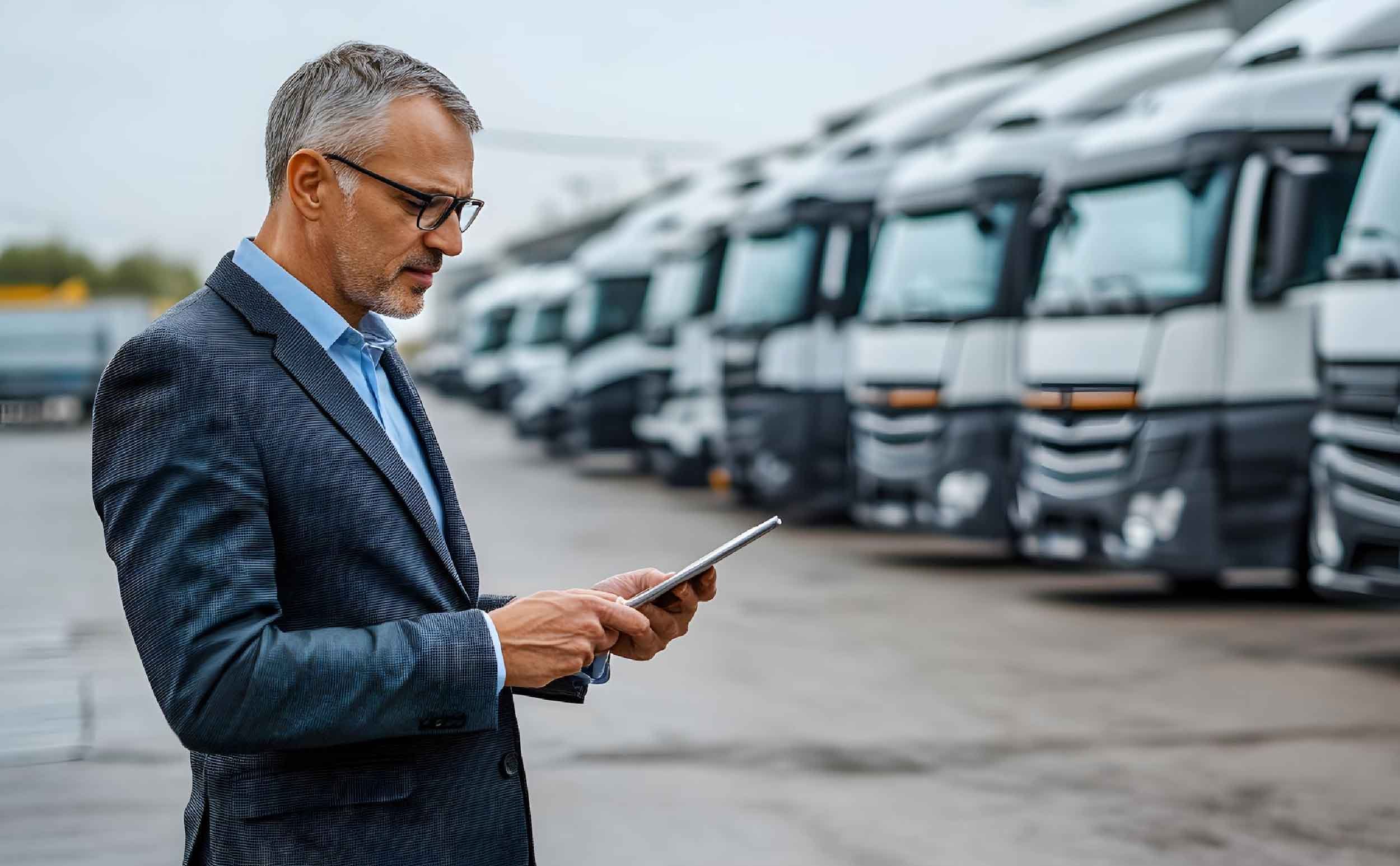 cmms software for government man suit using tablet front semitrucks