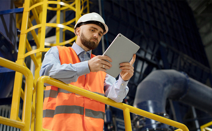 cmms to eam factory worker in factory looking on tablet screen