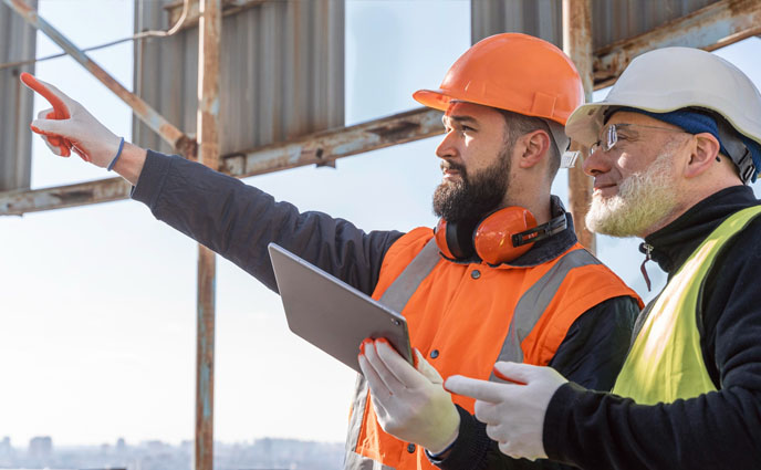 facilities management maintenance analytics close up men work with tab