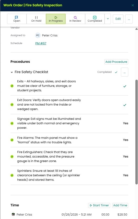 Facility fire safety maintenance