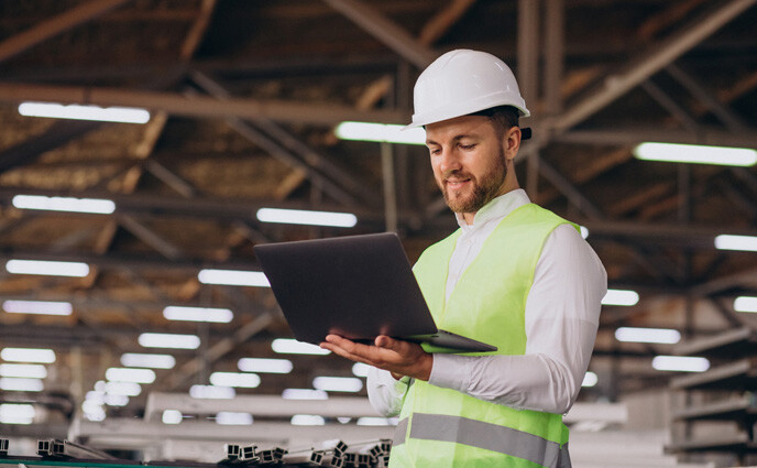 facility management kpis engineer holding a laptop
