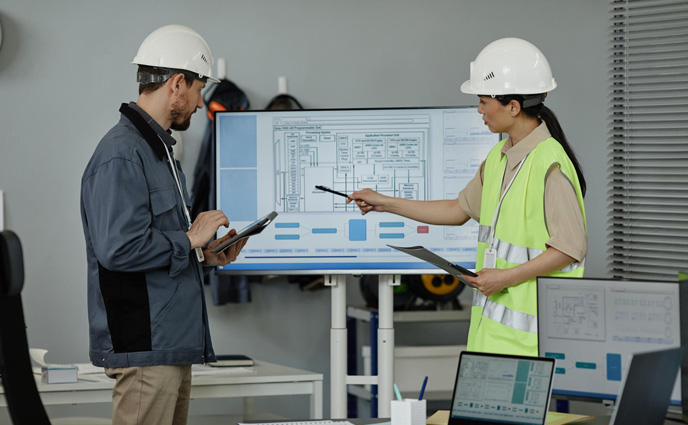 facility management top cmms software two engineers reviewing blueprints indoors pointing computer screen