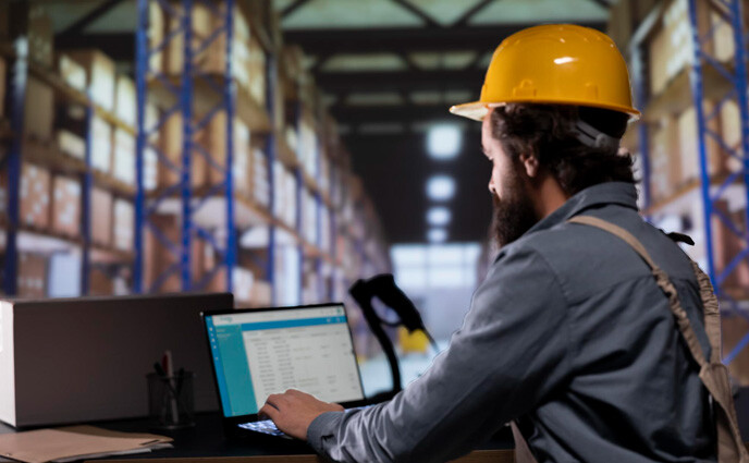 free cmms software industry worker using laptop