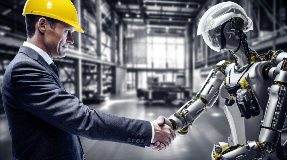 industry 5.0 maintenance manager shaking hand anthropomorphic robot