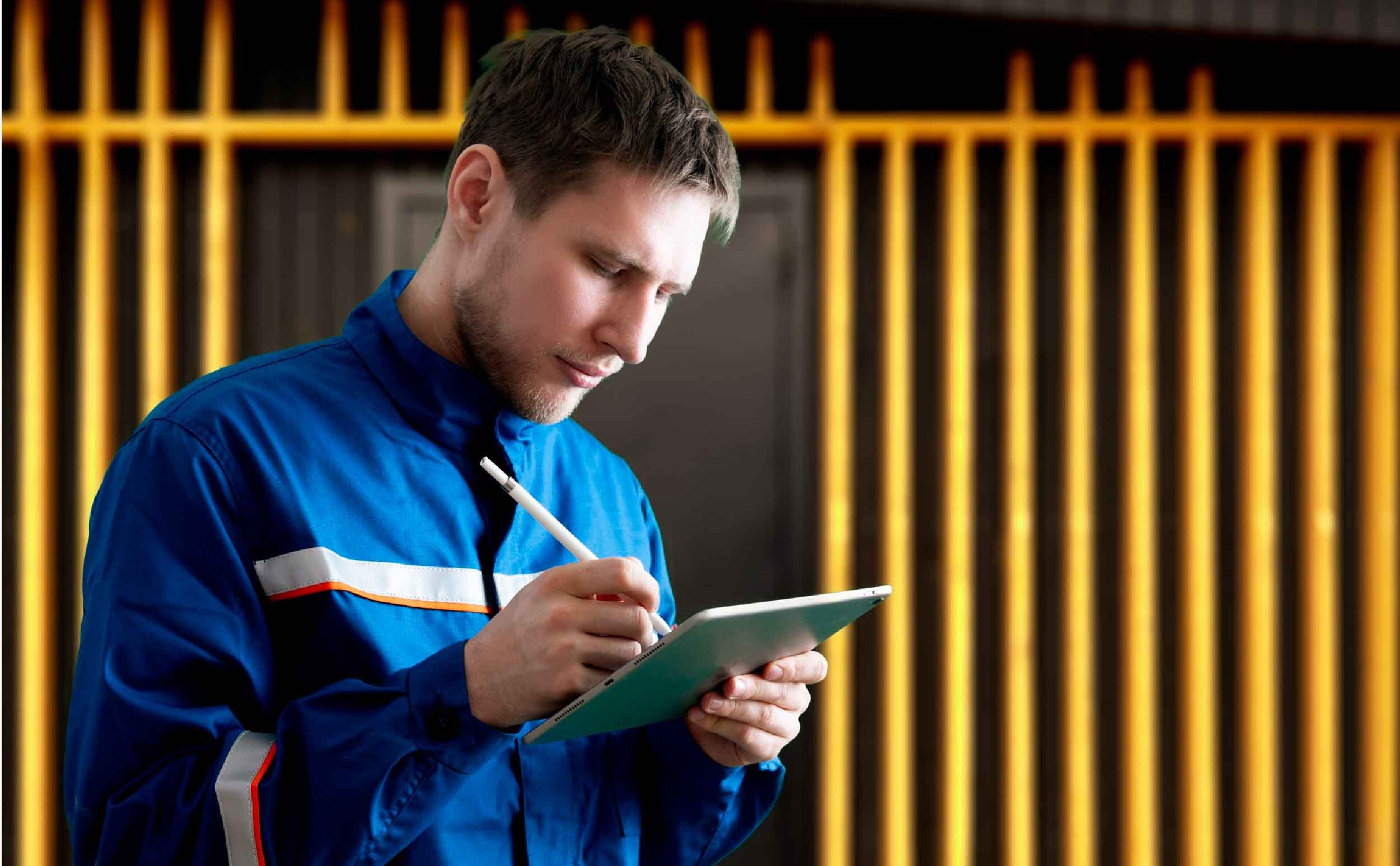maintenance checklist manifesto male worker uniform holding using tablet