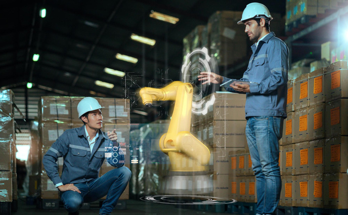 maintenance management digital twins two men blue workwear yellow and digital robotic arm
