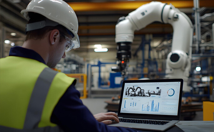 maintenance analytics equipment performance technician looking at laptop screen