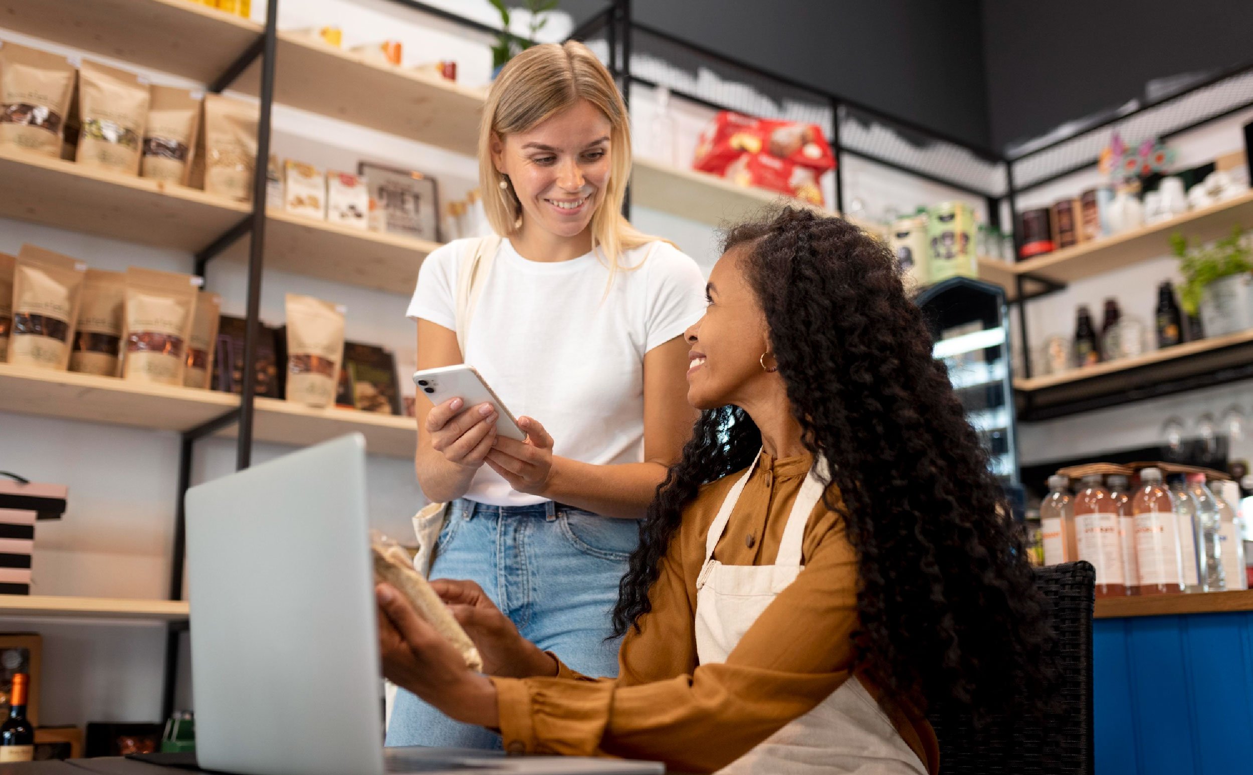 microservice cmms platforms smiley women with devices in shop