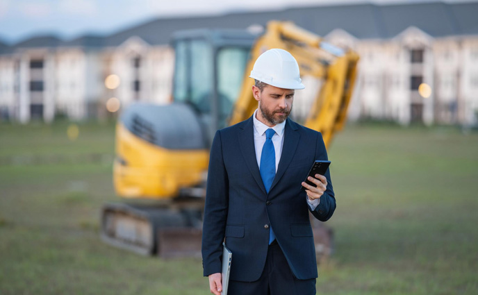nlp work order management engineer looking at phone on construction site