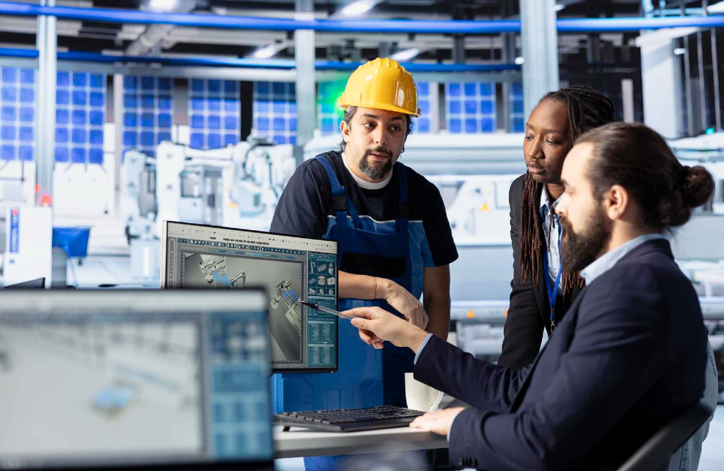 prescriptive maintenance team leader cooperating with technicians doing system inspection