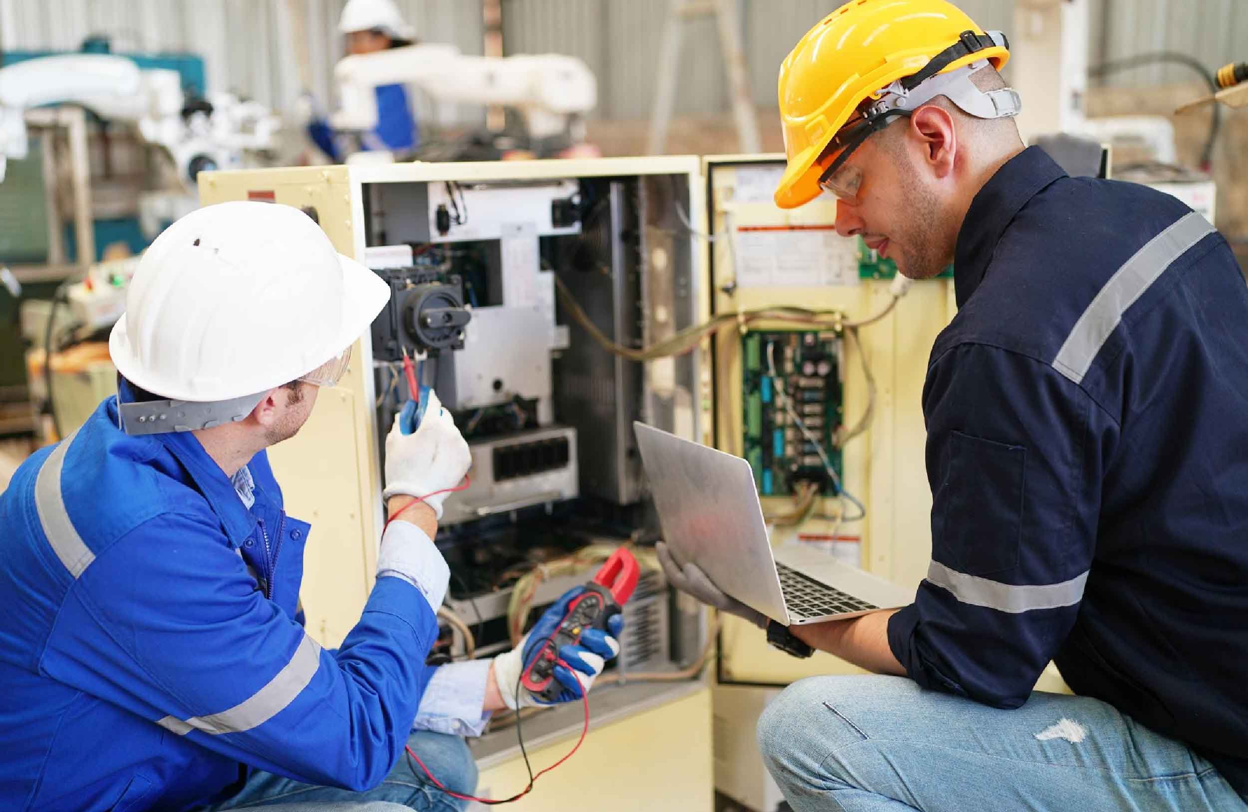 preventive maintenance schedule industrial engineers working automated ai robotic production factory