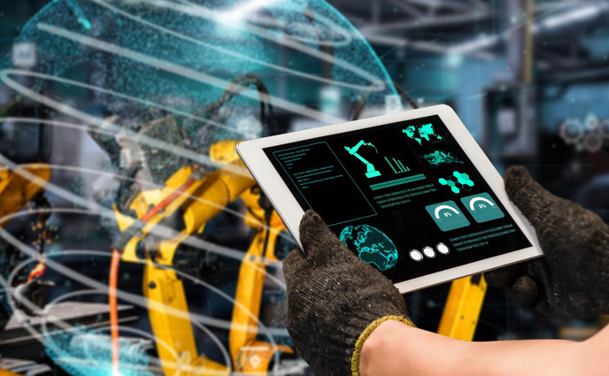 human machine preventive maintenance man hand holds thermal imager checking heating system smart industry robot arms modernization