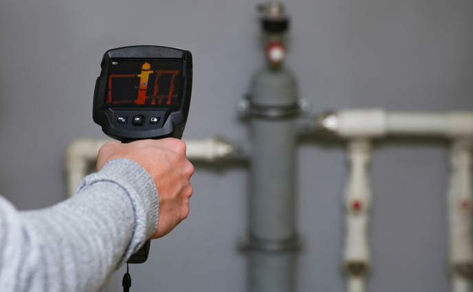 human machine preventive maintenance man hand holds thermal imager checking heating system