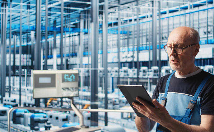 senior engineer using tablet smart solar panels manufacturing factory