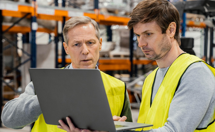 spreadsheet to cmms software men warehouse working laptop