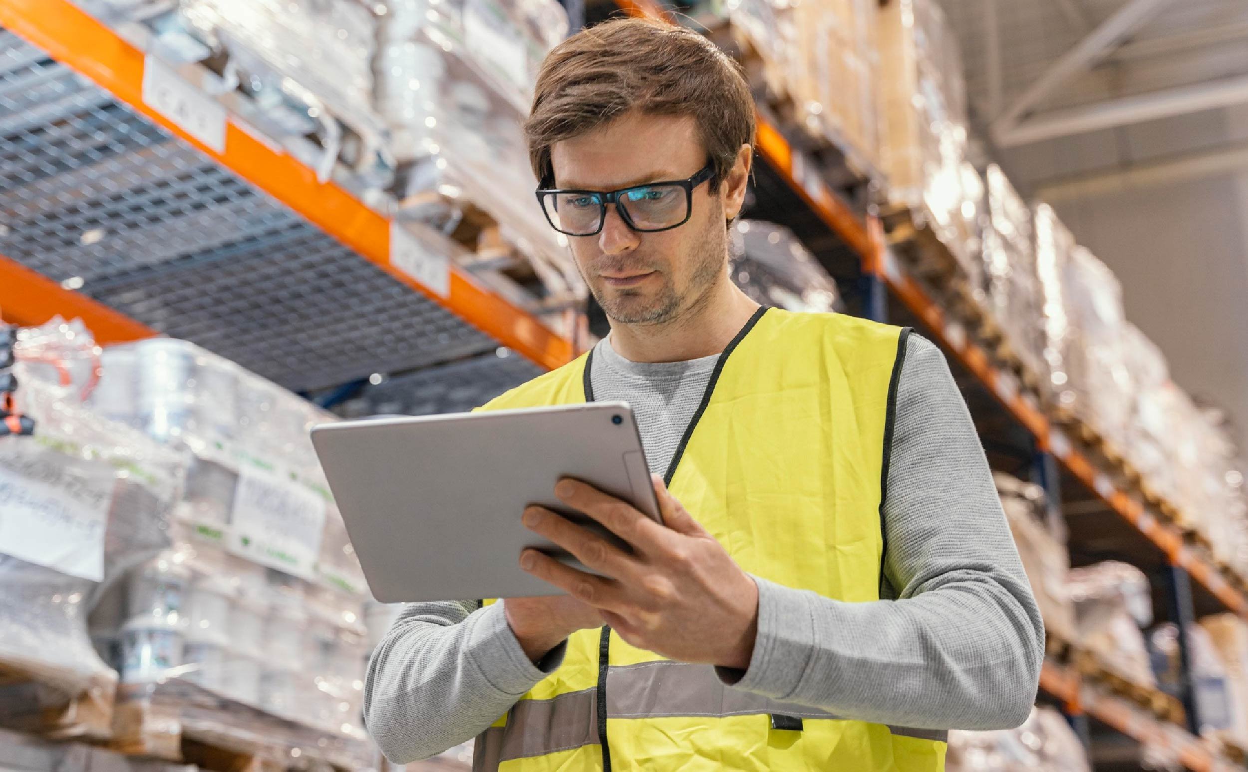 warehouse cmms software man with tablet working logistic