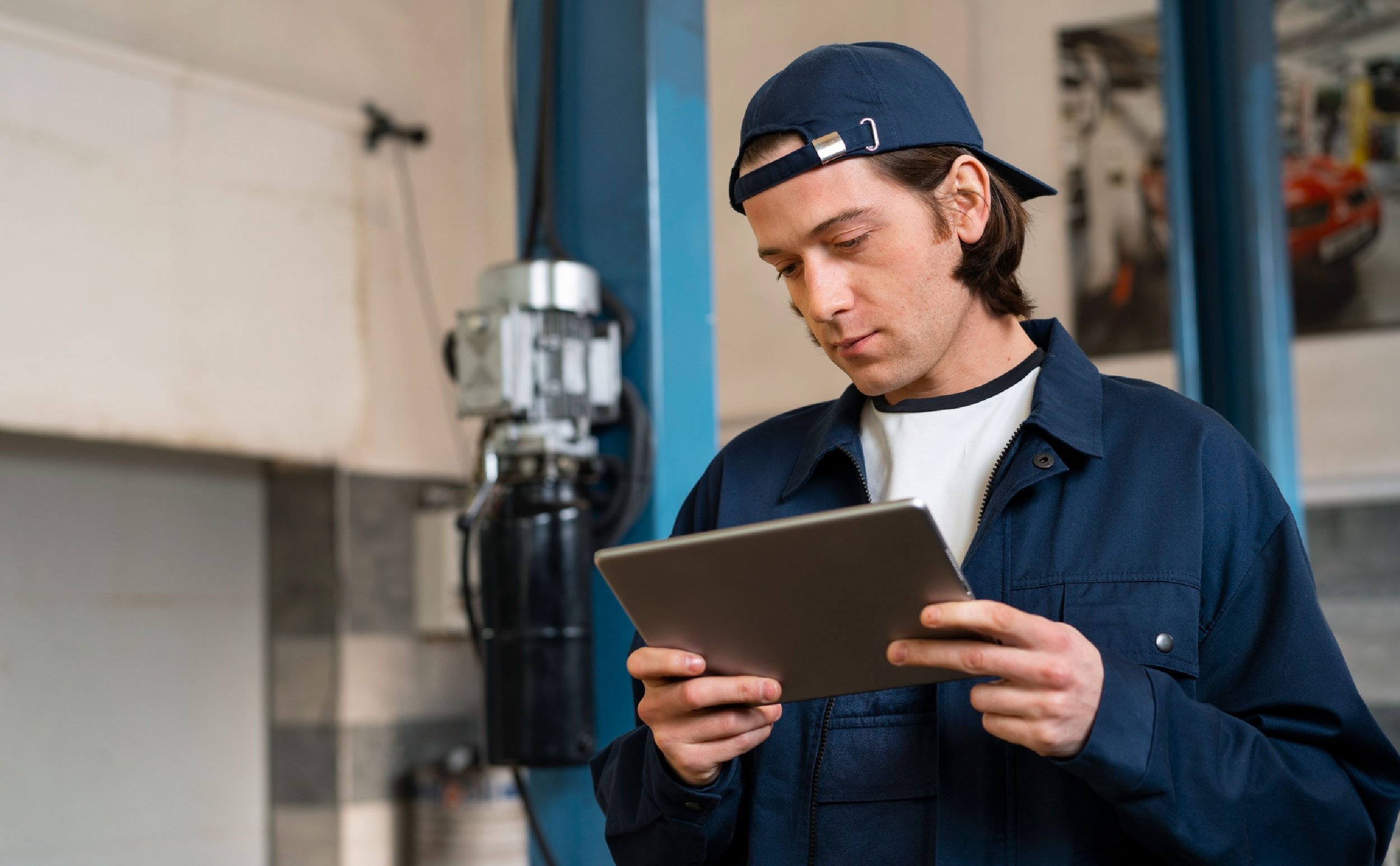 work order chat tech male car mechanic using tablet device