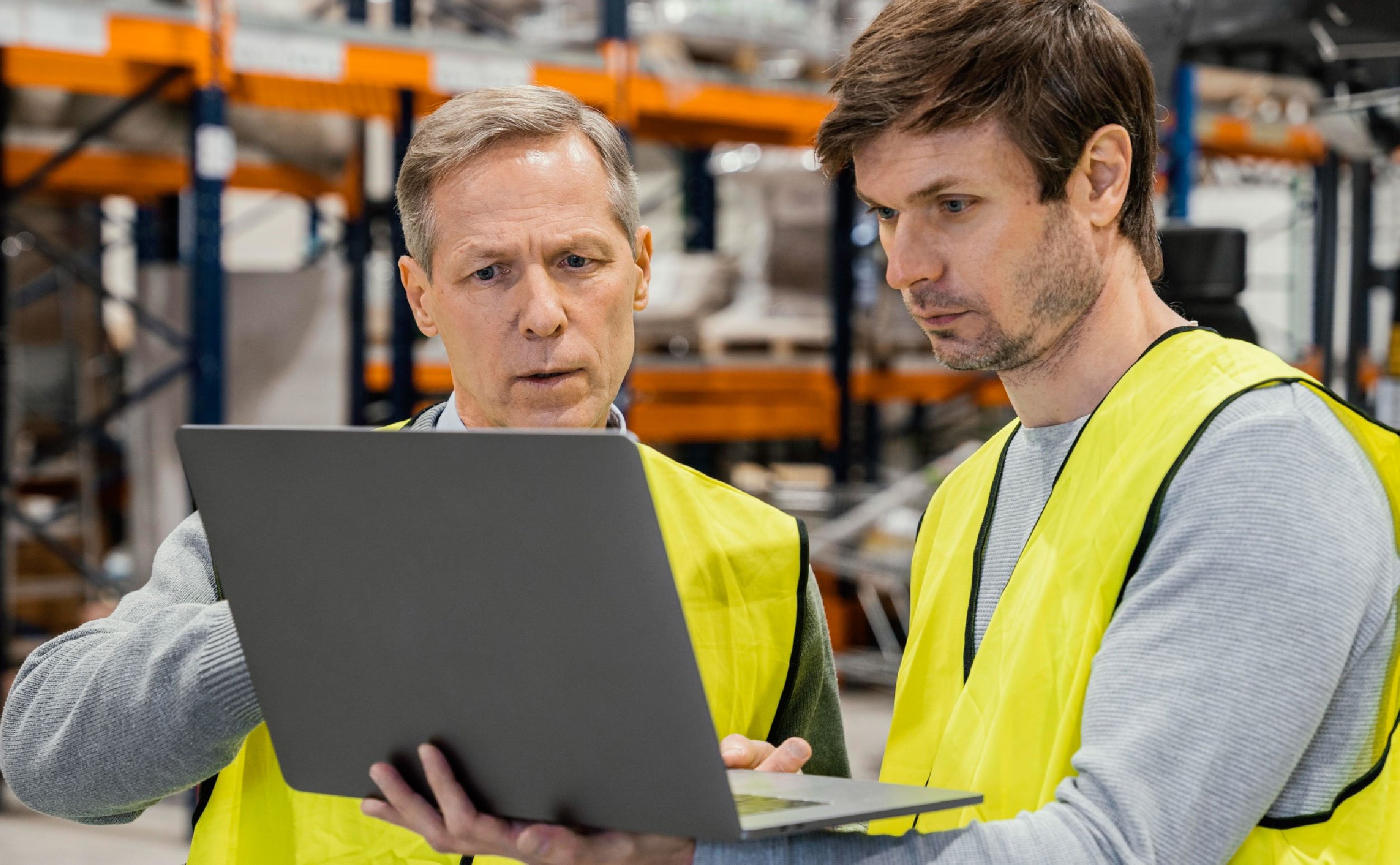 cmms enabled knowledge base young old men warehouse working laptop